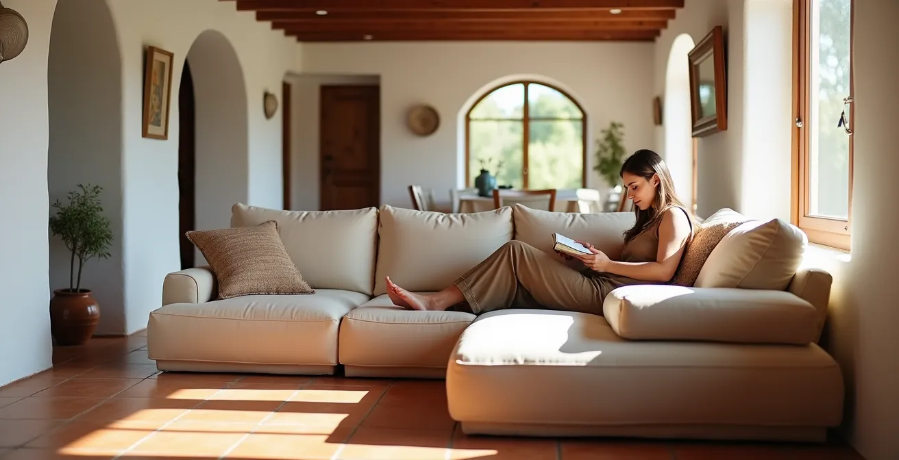 Módulo de sofá sin respaldo usado como elemento de transición entre salón y comedor