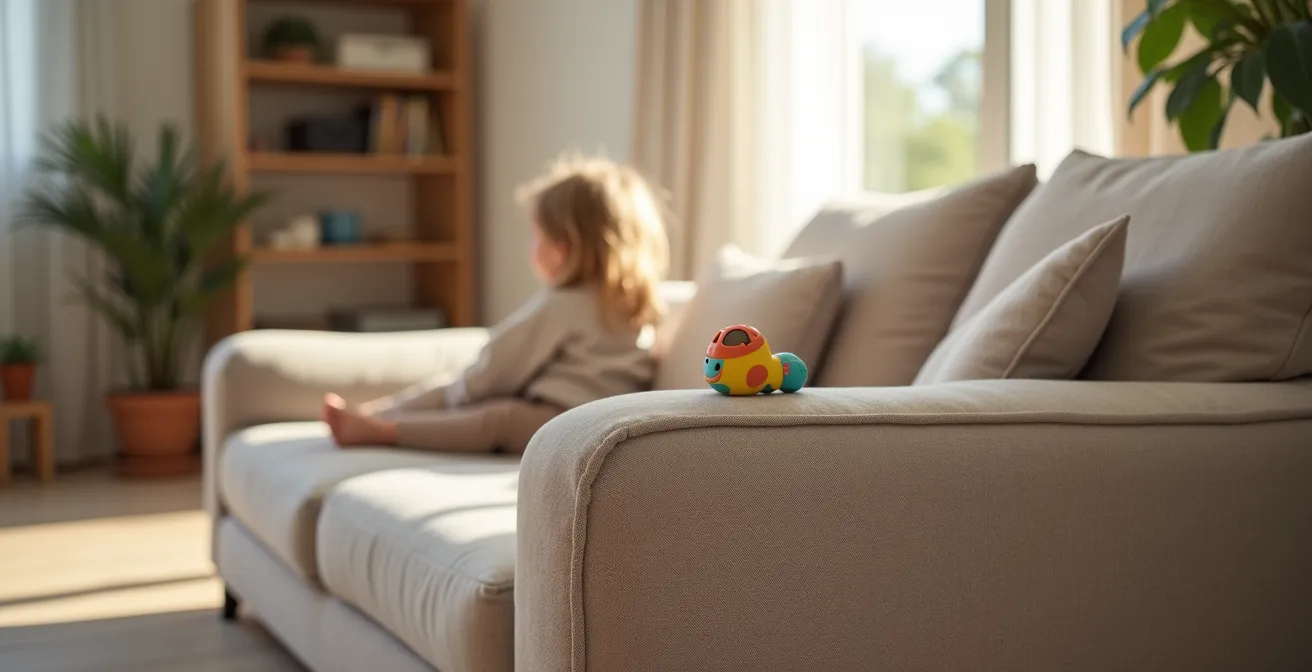 Sofá con tejido técnico antimanchas en salón luminoso con niños y mascotas