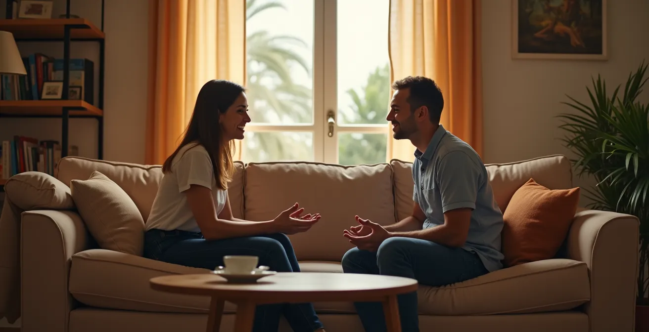 Dos sofás enfrentados a distancia óptima de 1.8 metros para conversación fluida