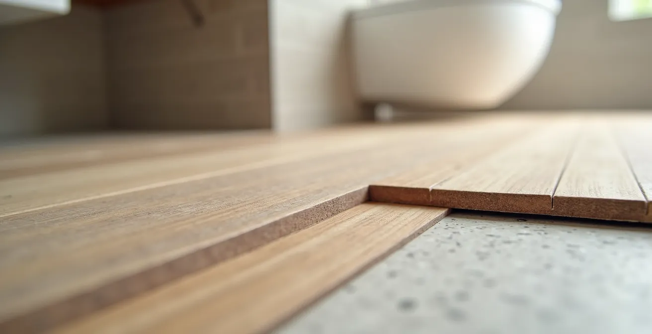 Detalle macro de instalación de suelo vinílico sistema click en baño mostrando la junta estanca