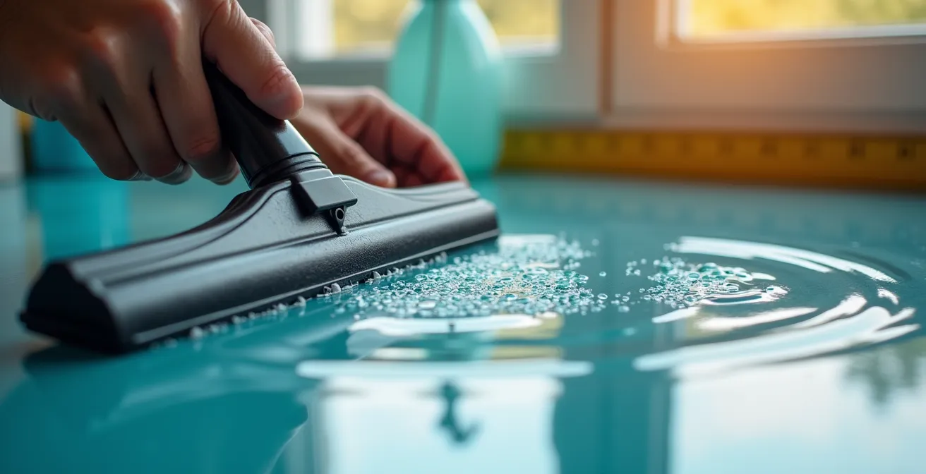 Manos aplicando vinilo con espátula y botella pulverizadora sobre pared