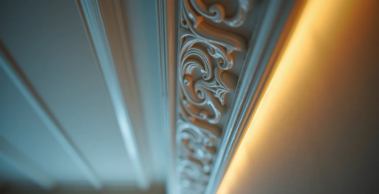 Detalle macro de tiras LED instaladas tras molduras originales proyectando luz indirecta