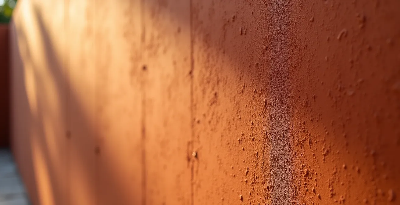 Detalle macro de pintura mate terracota sobre superficie con textura