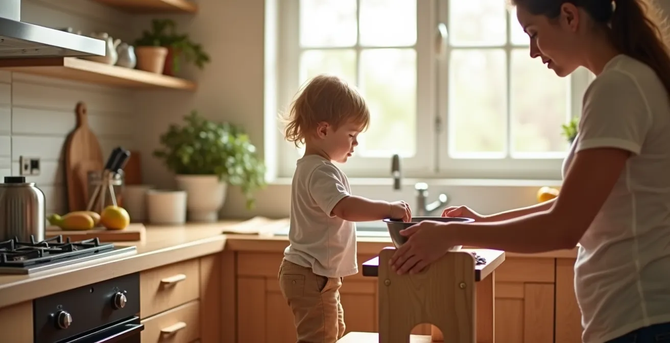 Niño usando torre de aprendizaje en cocina para participar en actividades familiares