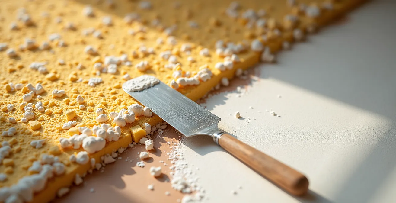 Pared con gotelé siendo tratada con masilla niveladora para empapelar