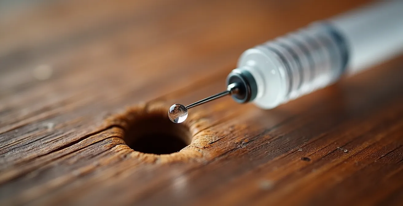 Proceso de inyección de tratamiento anticarcoma en mueble de madera