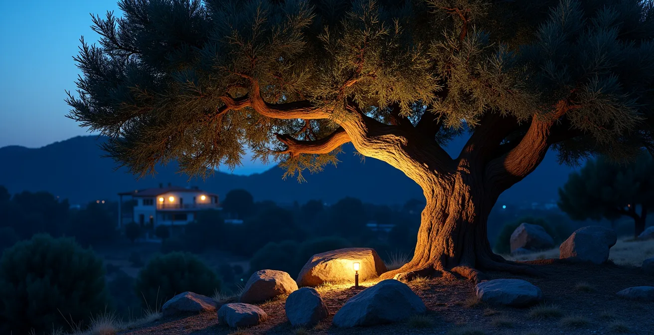 Olivo centenario iluminado desde abajo con técnica de uplighting en jardín mediterráneo nocturno