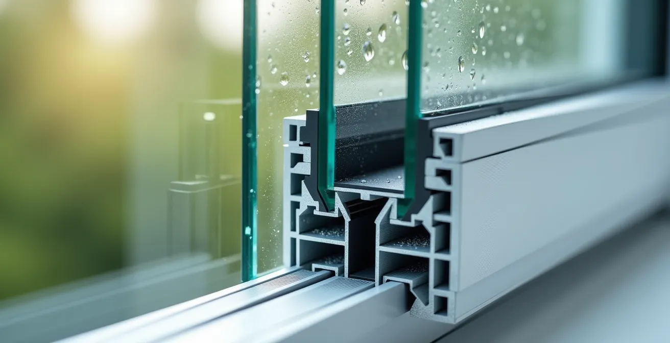 Detalle macro de ventana de triple acristalamiento con rotura de puente térmico
