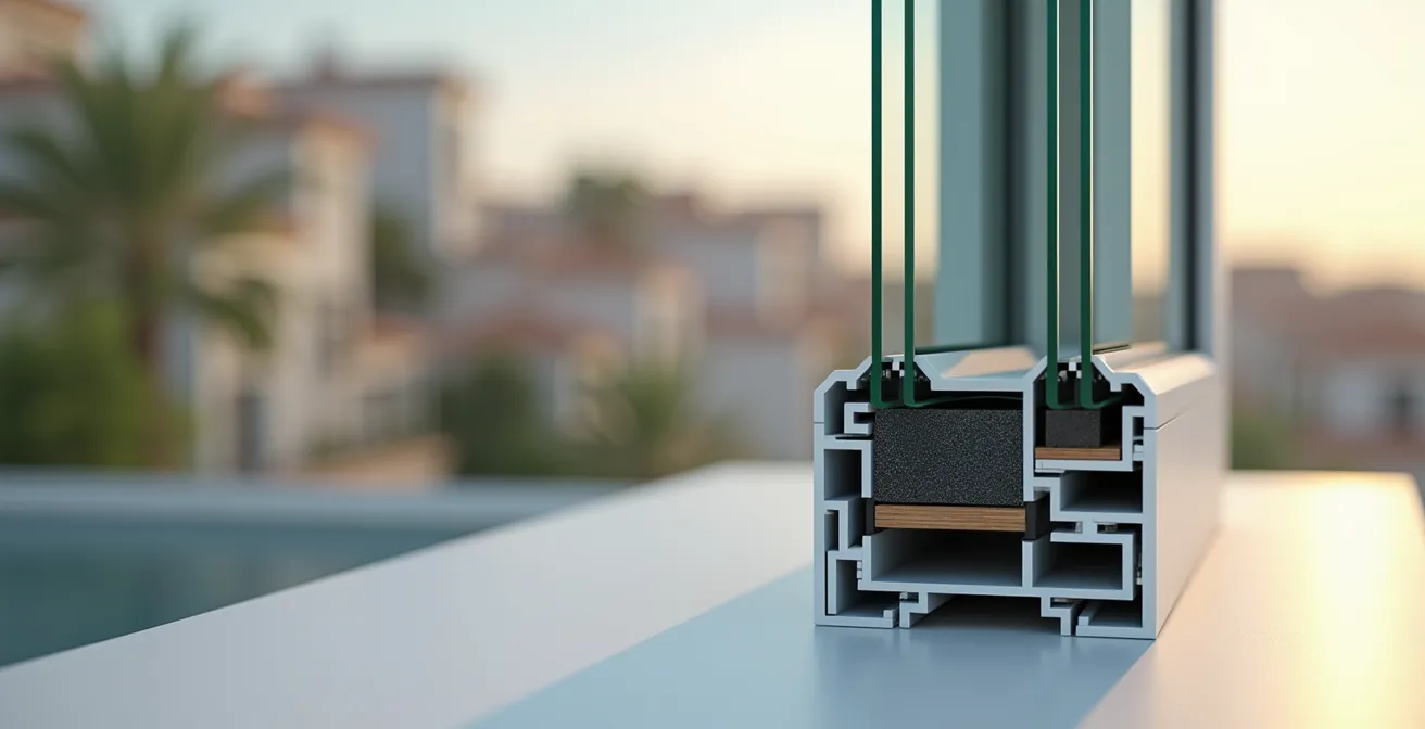 Detalle macro de ventana moderna con doble acristalamiento y marco de PVC mostrando su estructura aislante