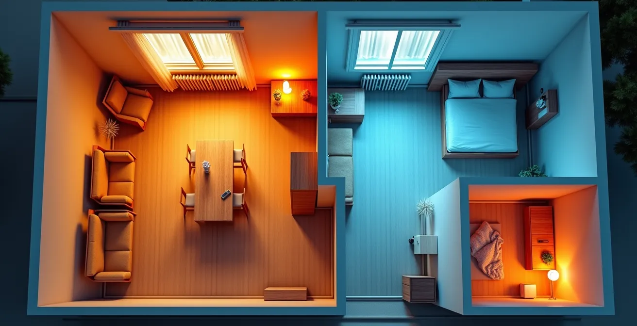 Plano aéreo de un piso mostrando zonas de riesgo para muebles de madera según la ubicación de la calefacción y la humedad.