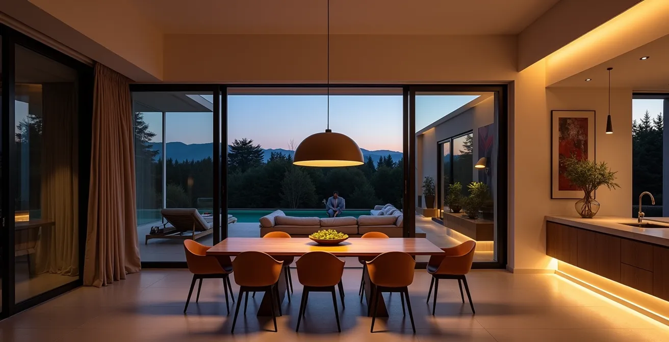 Salón-comedor abierto zonificado con diferentes alturas de iluminación