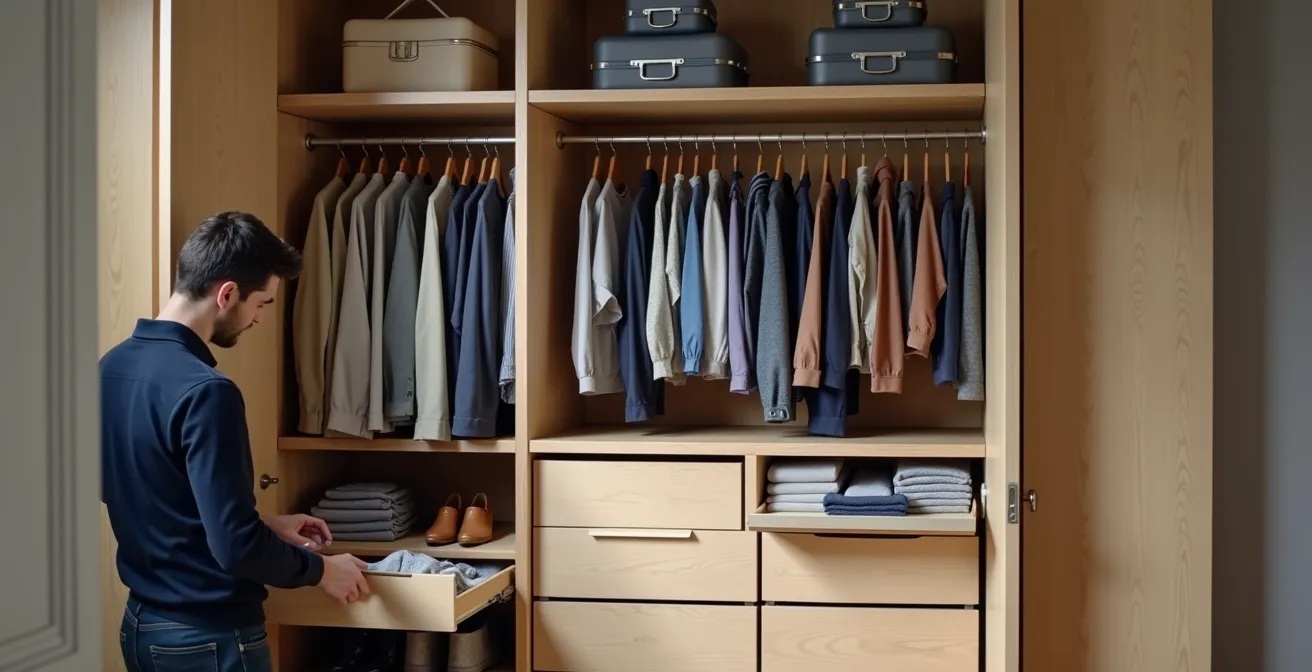 Interior de armario empotrado mostrando tres zonas claramente diferenciadas por altura con ropa y accesorios organizados